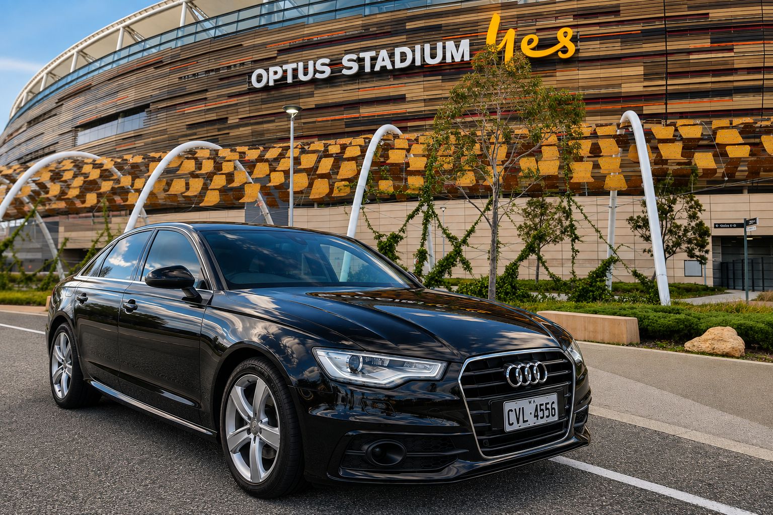 Chauffeured sedan outside Optus Stadium